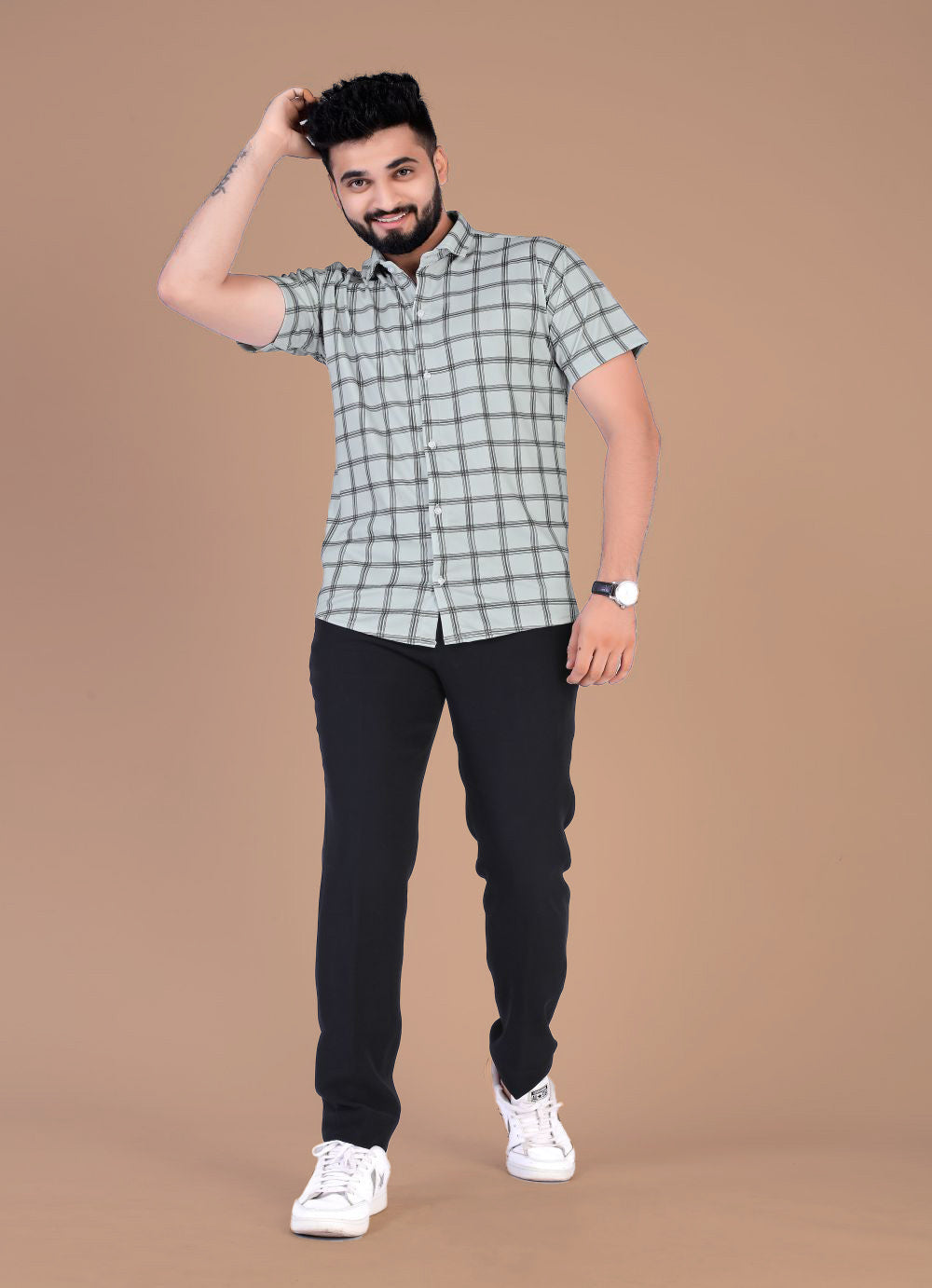 Light Grey Checks Pattern Casual Lycra Shirt