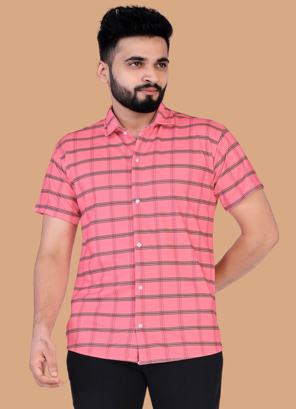 Pink Checks Pattern Casual Lycra Shirt