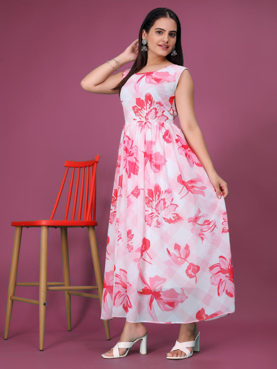 Gorgget Front Printed Sleevless Gown