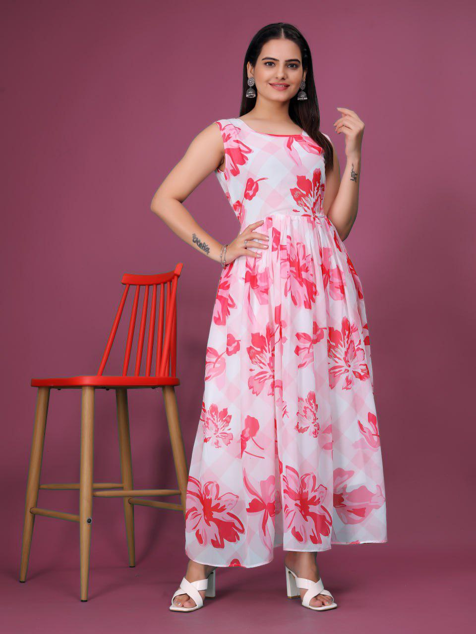 Gorgget Front Printed Sleevless Gown