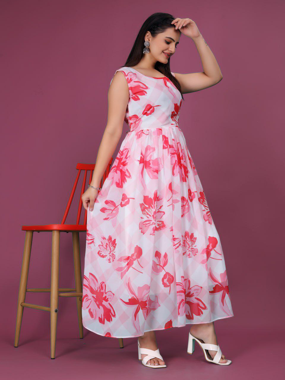 Gorgget Front Printed Sleevless Gown