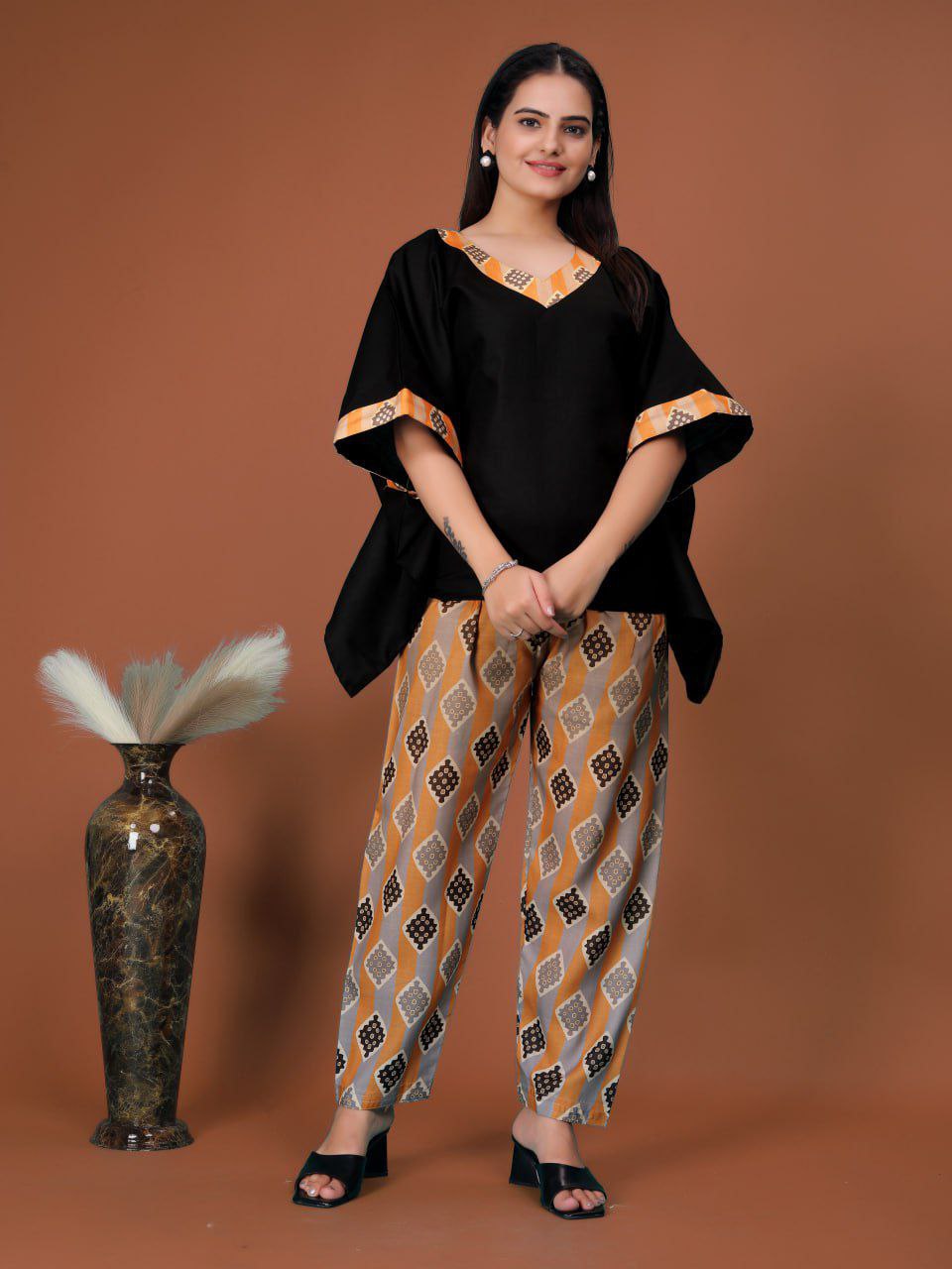 Cotton Casual Wear Kaftan+ Pent In Black Colour