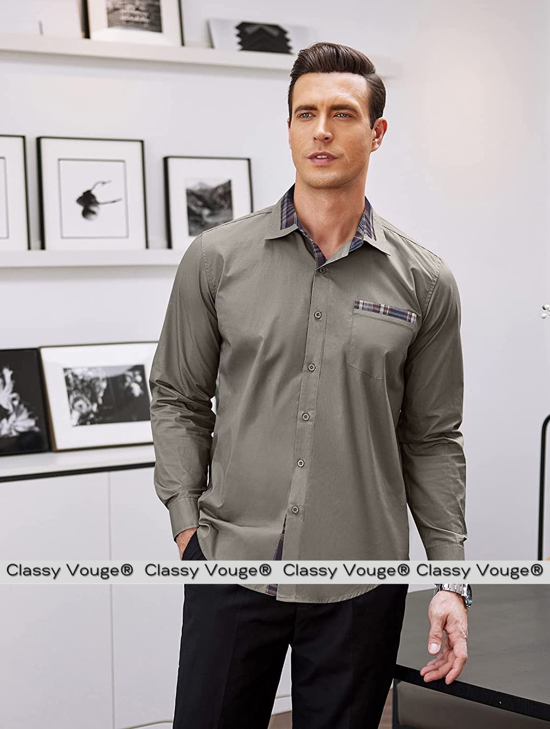 Grey Contrast Plain Formal Shirt For Men