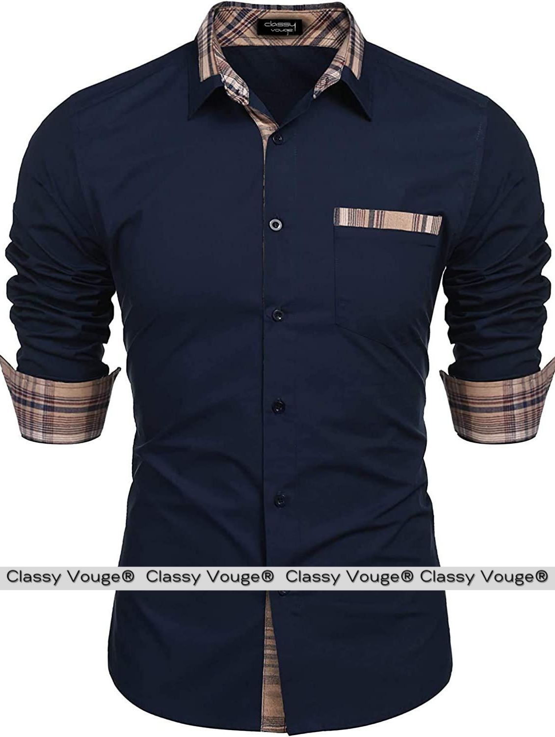 Navy Blue Contrast Plain Formal Shirt For Men