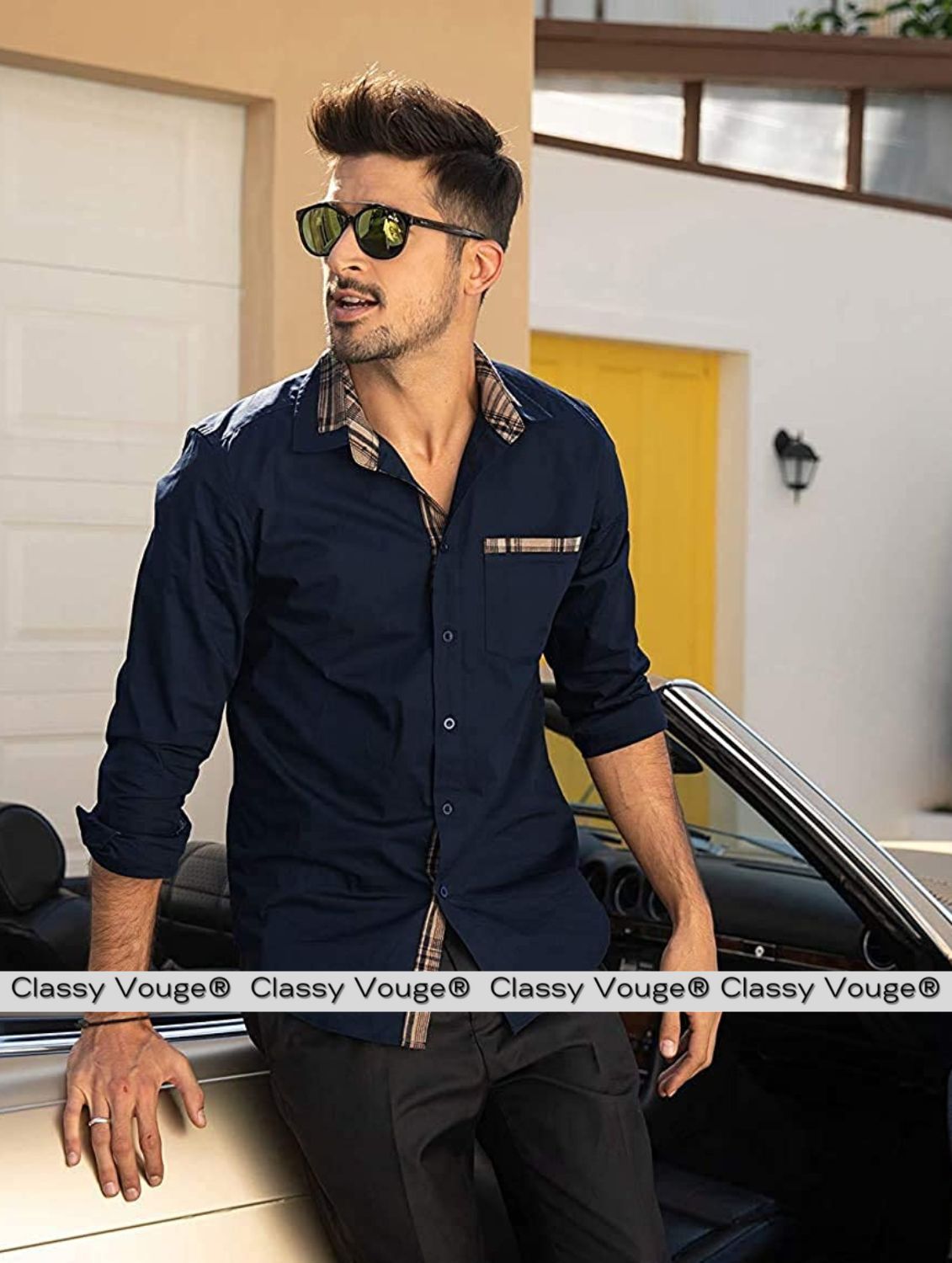 Navy Blue Contrast Plain Formal Shirt For Men