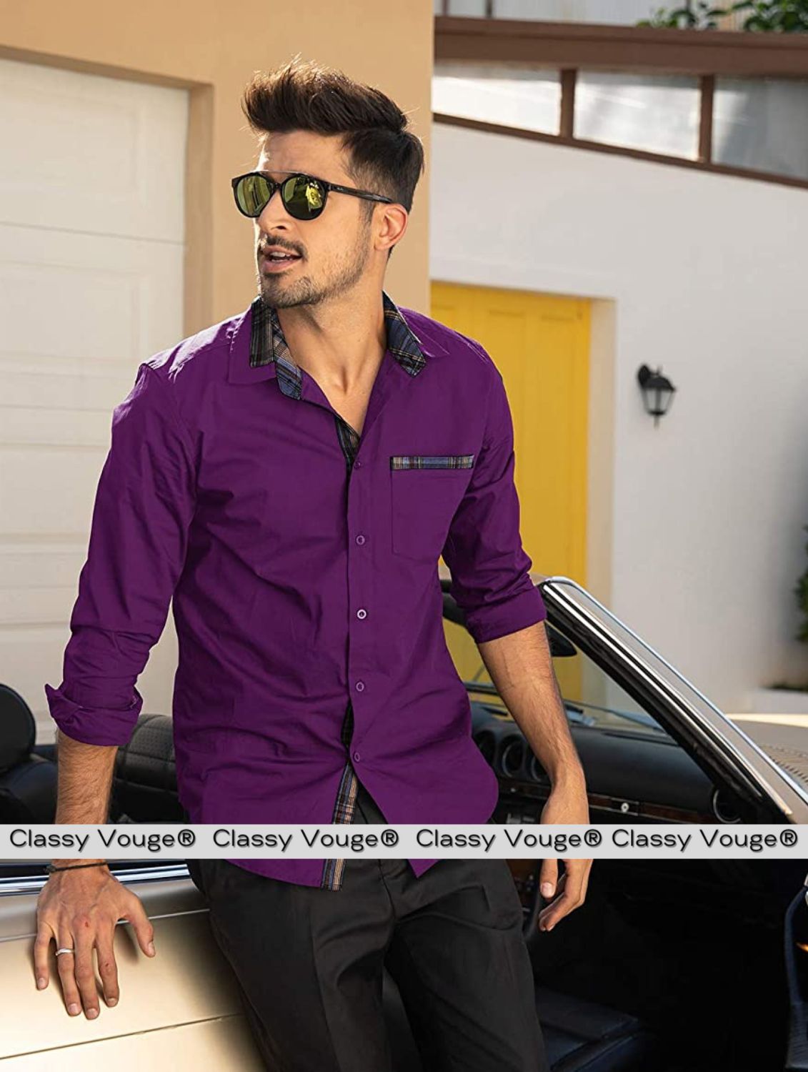 Purple Contrast Plain Formal Shirt For Men